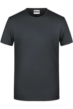 A grey basic T-shirt with short sleeves, featuring a logo on the label.