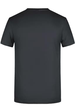 A black men's basic T-shirt with a simple design and a logo on the back.