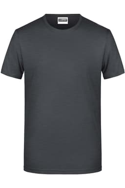 A grey short-sleeved t-shirt with a rounded neckline and a logo on the label.