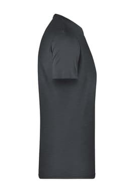A dark grey men's basic T-shirt displayed from the side. The shirt has short sleeves and a round neck.