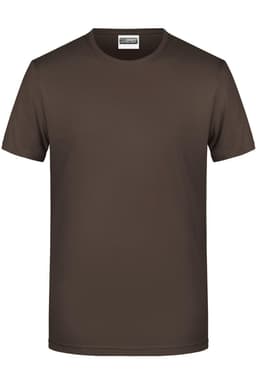 A brown basic t-shirt with a crew neck and short sleeves, featuring a logo on the inside label.