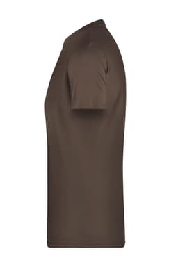 A brown men's basic T-shirt with short sleeves, featuring a plain design and a branding logo.