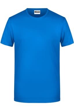 A blue T-shirt with a crew neck and short sleeves. It includes a logo on the label.