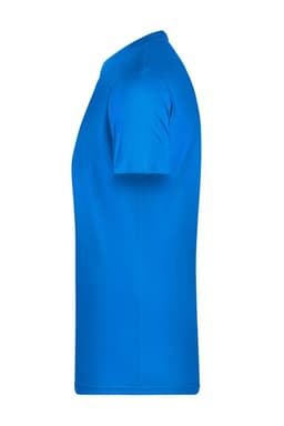 A blue men's T-shirt displayed from the side, featuring a smooth design and short sleeves. It has a logo branding.