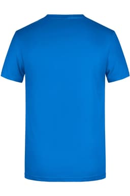 A blue men's basic T-shirt with a simple design, featuring a round neckline and short sleeves. It has a logo on the back.