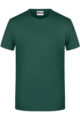 A plain dark green men's t-shirt displayed flat, featuring short sleeves and a round neckline. The shirt has a logo.