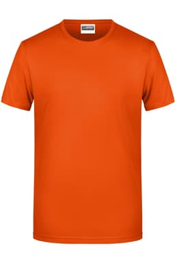 An orange short-sleeve T-shirt featuring a logo on the label, suitable for casual wear.