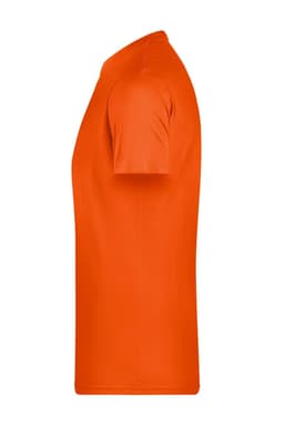 An orange men's basic T-shirt with short sleeves and a crew neck, featuring a logo on the side.