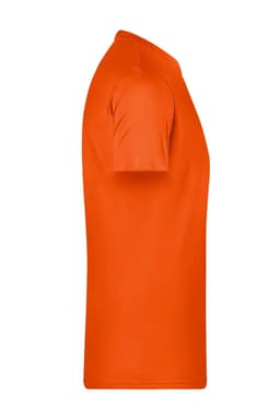 An orange men's basic T-shirt displayed from the side, featuring short sleeves and a logo.