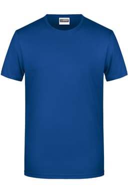 A plain blue short-sleeved T-shirt featuring a crew neck and a logo. Suitable for casual wear.