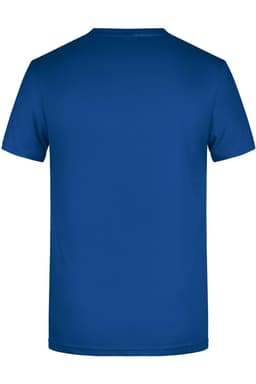A blue men's T-shirt with a round neck and short sleeves, featuring a logo on the back.