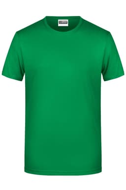 A green men's basic T-shirt with a round neckline and short sleeves, featuring a logo on the label.