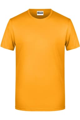 A plain orange T-shirt with a round neck and short sleeves, featuring a logo on the label.