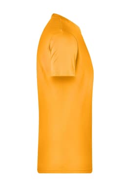 A side view of a plain orange T-shirt with short sleeves, featuring a logo on the neckline.
