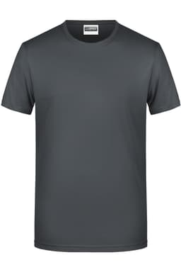A grey t-shirt with a round neckline and short sleeves, featuring a small logo.