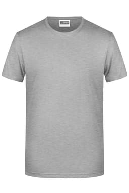 A grey basic T-shirt with a round neckline and short sleeves. It features a logo.