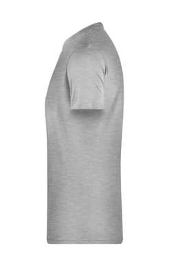 A grey men's basic T-shirt with short sleeves, featuring a small logo on the side.