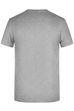 A plain grey T-shirt featuring a round neckline and short sleeves, with a branding logo at the back.