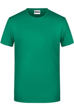 A green t-shirt with a round neck and short sleeves, featuring a logo on the label at the neckline.