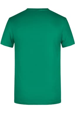 A green men's T-shirt with a simple design and a logo on the back.