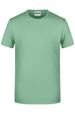 A mint green men's t-shirt with a round neckline and short sleeves, featuring a logo on the upper side.