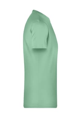 A mint green men's basic T-shirt displayed from the side, featuring short sleeves and a simple design.