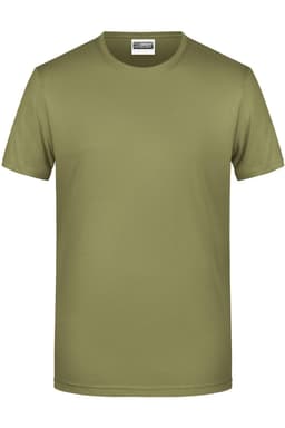 An olive green basic T-shirt with a round neck and short sleeves, featuring a logo on the label.