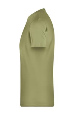 A plain olive green men's t-shirt with short sleeves, featuring a branding logo.