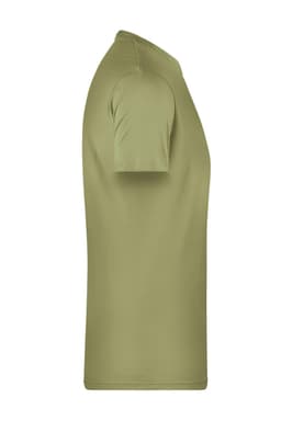 A khaki green men's t-shirt with short sleeves and a crew neckline, featuring a logo on the side.