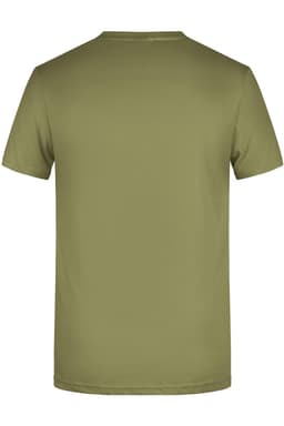 A plain olive green T-shirt featuring a crew neck and short sleeves, with a branding logo on the back.