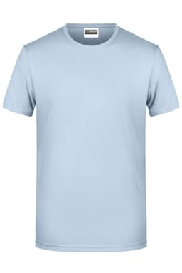 A light blue men's basic T-shirt with a round neckline and short sleeves. It features a logo on the label.