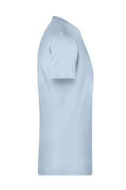 A light blue men's basic T-shirt with short sleeves, featuring a simple design and a logo.