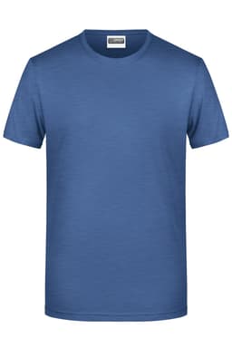 A blue basic men's T-shirt with a round neckline and short sleeves. It features a logo.