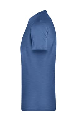 A blue men's basic T-shirt displayed from the side view, featuring short sleeves and a simple design.