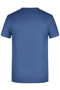 A blue men's basic T-shirt displayed from the back. The shirt has a smooth texture and features a logo.