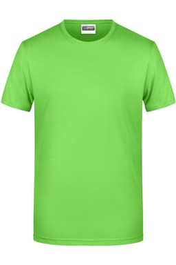 A bright green basic t-shirt in a classic crew neck style, featuring a logo on the label.