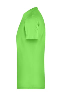 A bright green men's basic T-shirt with short sleeves, featuring a logo on the upper left side.
