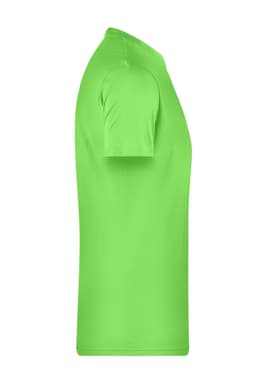 A green men's basic t-shirt from the side, featuring short sleeves and a round neckline. It has a logo.