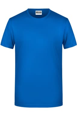 A blue basic T-shirt in a classic short-sleeve style, featuring a logo. Suitable for casual wear.