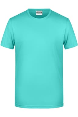 A plain turquoise T-shirt with a crew neckline and short sleeves. It features a logo on the label.