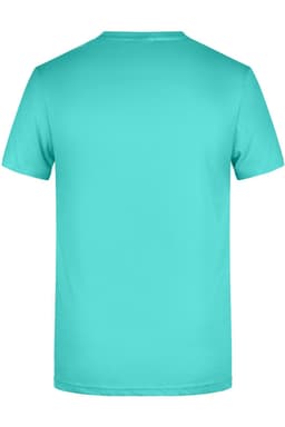 A turquoise men's t-shirt with a round neckline and short sleeves, featuring a plain back and a logo.