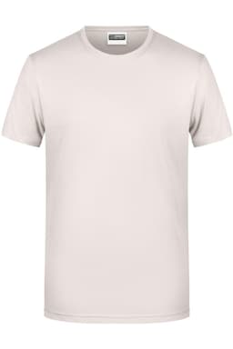 A plain beige men’s T-shirt featuring a round neckline and short sleeves. It has a logo on the label.