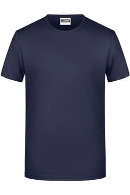 A navy blue men's basic T-shirt with a round neck and short sleeves, featuring a logo.