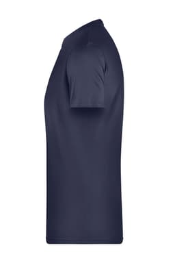 A navy blue men's T-shirt with short sleeves and a simple design; includes a branding logo.
