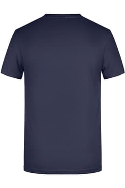A plain navy blue T-shirt featuring a simple design and a logo on the back.