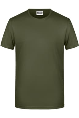 A plain olive green men's t-shirt with short sleeves, featuring a simple round neckline and a logo.