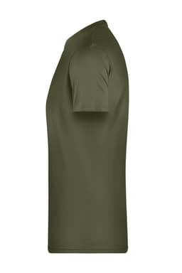 A men's basic T-shirt in olive green, featuring a simple, classic design and a logo on the garment.