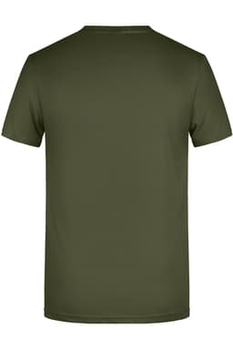A plain olive green t-shirt featuring a crew neck and short sleeves, with a logo on the back.