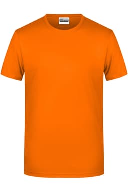 An orange short-sleeve T-shirt with a round neckline and a logo on the label.