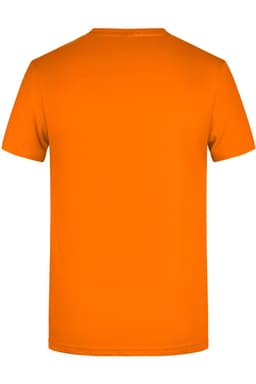 A plain orange T-shirt with a crew neck and short sleeves, featuring a logo on the back.